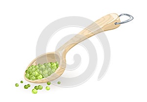 Green peas are in measuring wooden or plastic spoon, scoop, ladle, bailer with metallic d-ring hung. photo