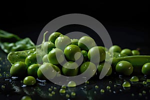 Green Peas Metallic Drops On Black Background. Generative AI