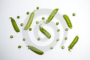 Green peas pattern. Top view, flat lay. Green peas isolated on white background.