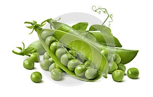 Green peas pods group isolated on white background