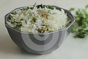 Green peas Pulav. A one pot rice preparation with basmati rice, green peas and spices in Ghee