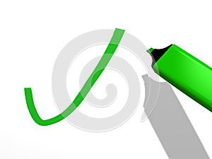 Green pen marker used to draw a validation mark on a white background