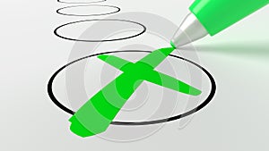 Green pen putting a cross in a circle on a checklist