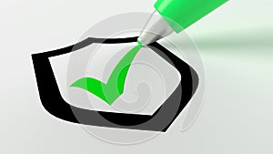 Green pen setting a checkmark in a black shield symbol