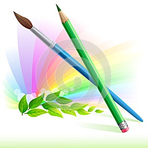 Green pencil and brush - leaves and rainbow color