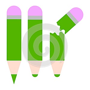 Green pencil icon set. Whole and broken. Hand art design. School supplies. Flat sign. Vector illustration. Stock image.