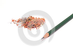 Green pencil with pencil sawdust in its left side