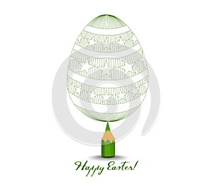 Green Pencil with Reflection Drawing Easter Egg on White Background