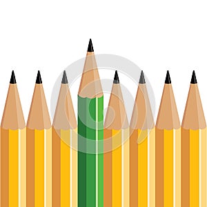 Green pencil stands out of several yellow pencils