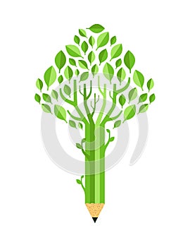 Green pencil tree concept isolated for education