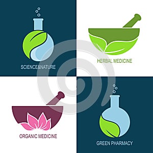 Green pharmacy and herbal medicine icons