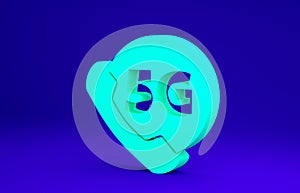 Green Phone with 5G new wireless internet wifi icon isolated on blue background. Global network high speed connection