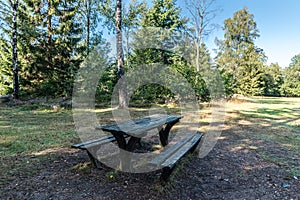 Green pic nick table in the woods in a forest or park in the shadow