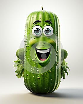 a green pickle with a smiling face and a green leaf. generative ai