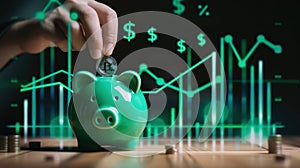 The green piggy bank with Bitcoin.AI generated image photo