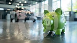 Green piggy bank in a car showroom against the background of cars. Car leasing or loan concept