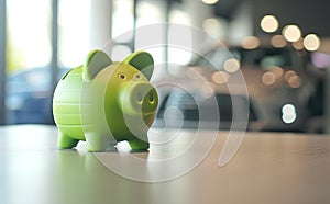 Green piggy bank in a car showroom against the background of cars. Car leasing or loan concept