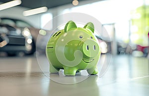 Green piggy bank in a car showroom against the background of cars. Car leasing or loan concept