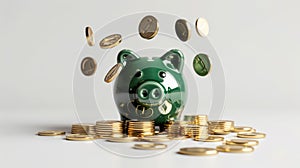 The green piggy bank and coins. AI generated photo