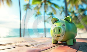 Green piggy bank on an empty wooden background overlooking the sea and the beach. Vacation concept