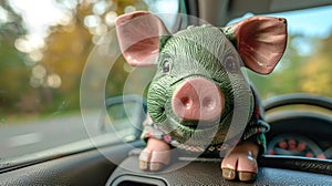 The green piggy bank money box can be found in the car interior, or in the insurance policy or driving and motoring photo