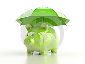 Green piggy bank under an umbrella isolated on a white background. Concept of protecting your money