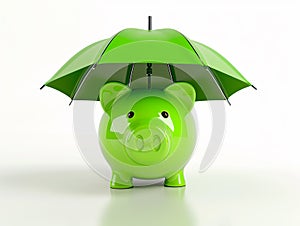 Green piggy bank under an umbrella isolated on a white background. Concept of protecting your money