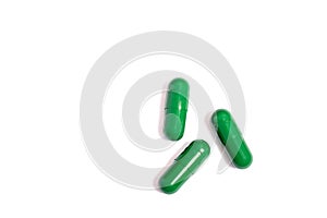 Green Pills isolated on white background. Medical drugs pills. Medical, healthcare, pharmaceuticals concept