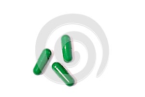 Green Pills isolated on white background. Medical drugs pills. Medical, healthcare, pharmaceuticals concept