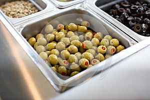 green pimiento olives, ingredient station, steamer food pan