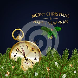 Green pine branches, blur decorative Christmas tree branch with golden clock. Vector illustration. Great for christmas