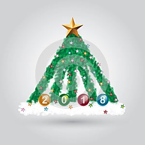 Green pine Christmas tree and golden star on gray background, happy new year 2018 shiny red balloon.