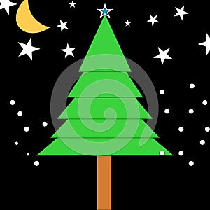 green pine Christmas tree with white snow and all star in black dark night background. half yellow crescent moon on sky