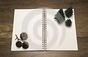 Green pine tree and brown pine cone on white blank notebook