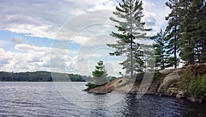 Green pine trees growing on a rocky island in the middle of a picturesque lake