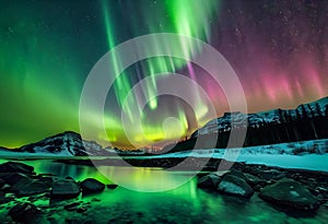 a green and pink aurora bore above water and snow covered mountains