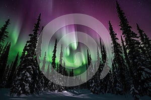 Green pink aurora borealis over the forest