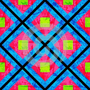 Green and pink on a blue background of the polygons. Seamless geometric pattern.