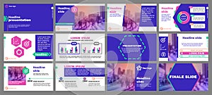Green and pink elements for infographics on a blue background. Presentation templates. Hexagon element. Use in flyer