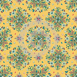 Green Pink Mandala Pattern Floral on Yellow Tile