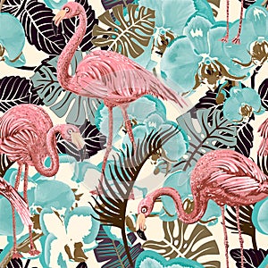 Green and pink seamless vector floral pattern background with tropical palm leaves, flamingo. Seamless pattern with