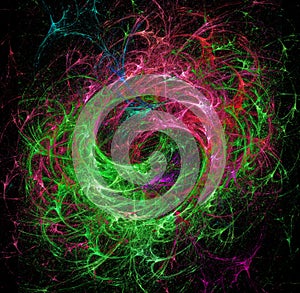 Green and pink swirls blend on a black background. Abstract space background. 3D rendering.