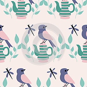 Green and pink teacups and birds