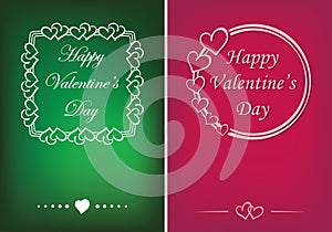 Green and pink valentine cards with vector hearts and greetings