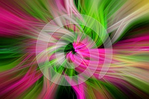 Green, pink, white and yellow bright spinned lines with fibers effect, abstract background
