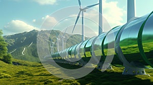 A green pipe passes through a wind turbine field under a cloudy sky