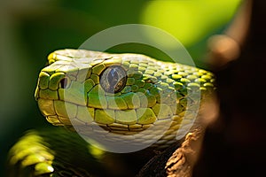 Green pit viper on a branch in the forest, Thailand. Closeup of a stethoscope on a medical uniform, AI Generated