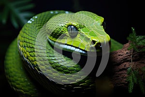 Green pit viper Reticulated pit viper on dark background, Green ratsnake, Gonyosoma oxycephalum, AI Generated