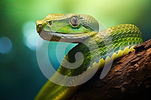 Green pit viper on a tree branch in the rainforest. Closeup of a stethoscope on a medical uniform, AI Generated