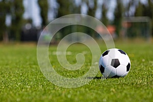 Green pitch with soccer ball photo